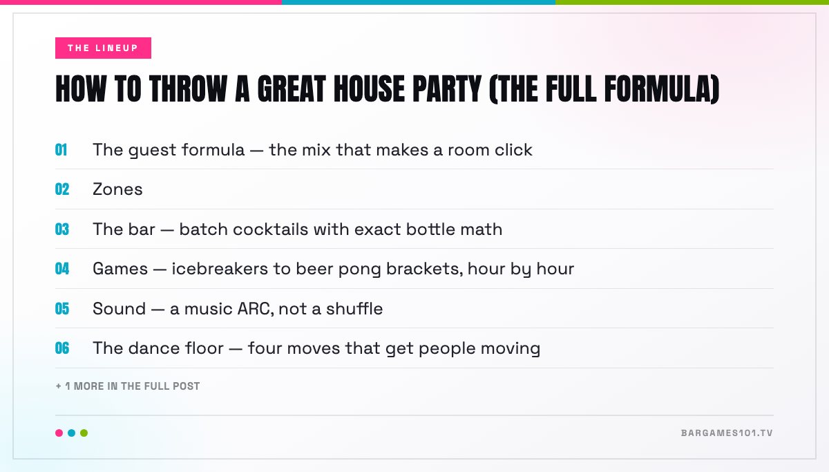 The lineup in How to Throw a Great House Party (The Full Formula): The guest formula — the mix that makes a room click; Zones; The bar — batch cocktails with exact bottle math; Games — icebreakers to beer pong brackets, hour by hour; Sound — a music ARC, not a shuffle; The dance floor — four moves that get people moving