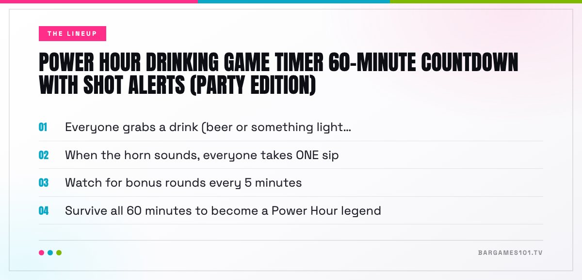 The lineup in Power Hour Drinking Game Timer 60-Minute Countdown with Shot Alerts (Party Edition): Everyone grabs a drink (beer or something light…; When the horn sounds, everyone takes ONE sip; Watch for bonus rounds every 5 minutes; Survive all 60 minutes to become a Power Hour legend